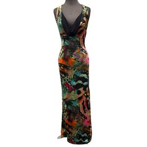 Abi Ferrin Butterfly Leopard Print Cowl Neck Maxi Dress Black Multi XS Sleeveles